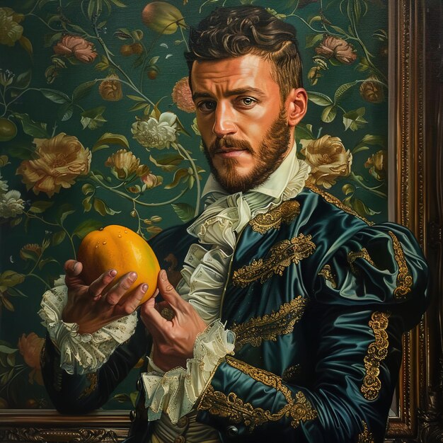 Photo a painting of a man holding a orange in his hand