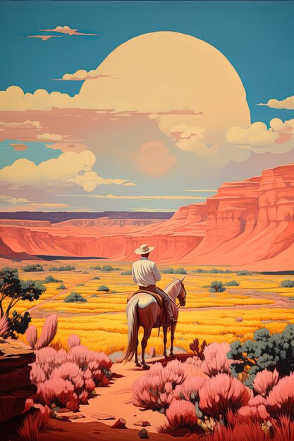 a painting of a man on a horse in a desert landscape