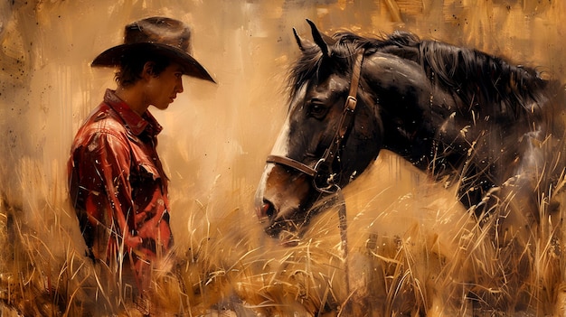 Photo a painting of a man and a horse in a field of grass