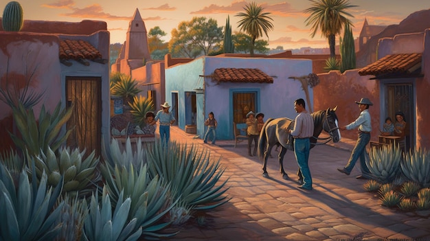 A painting of a man and a horse in front of a mexican house.