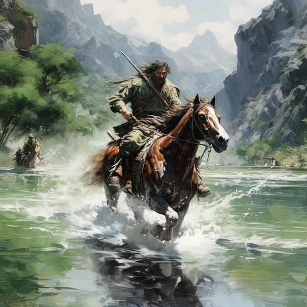 a painting of a man on a horse that is running through a river