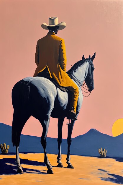 a painting of a man on a horse with mountains in the background