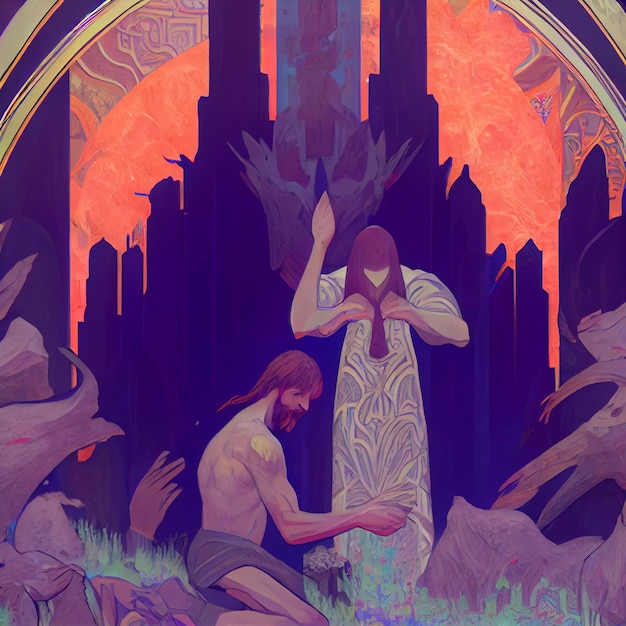 Painting of a man kneeling next to a woman generative ai