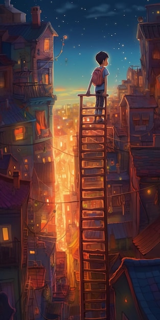 A painting of a man on a ladder in a city.