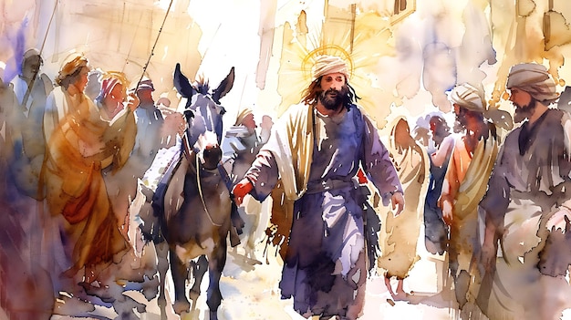 Photo a painting of a man leading a group of people with horses