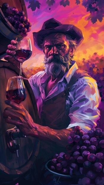 Painting of a man leaning over a barrel of grapes