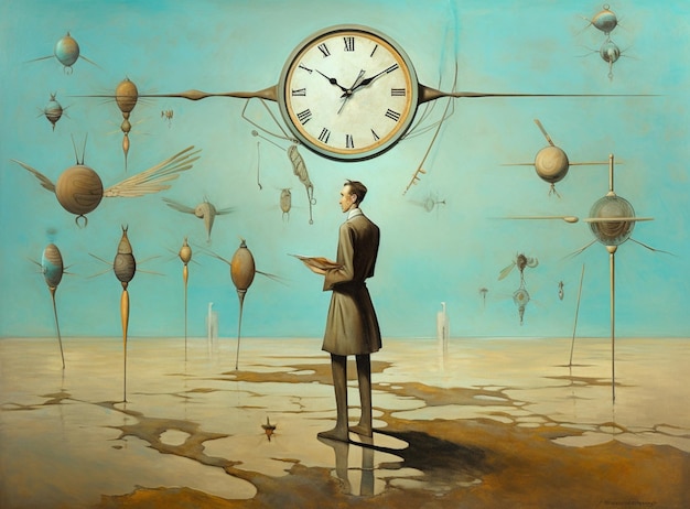 A painting of a man looking at a clock with the time of 12 : 00.
