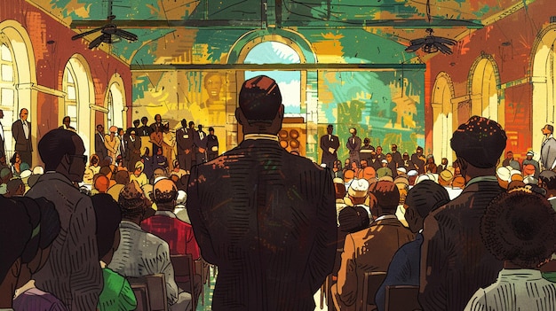 a painting of a man looking at a crowd of people in a church