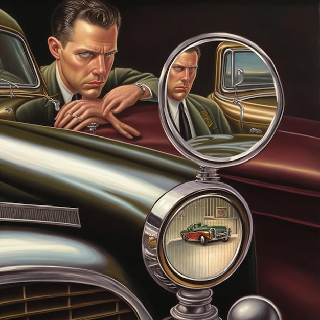車の鏡で自分を見ている男性の絵生成AI