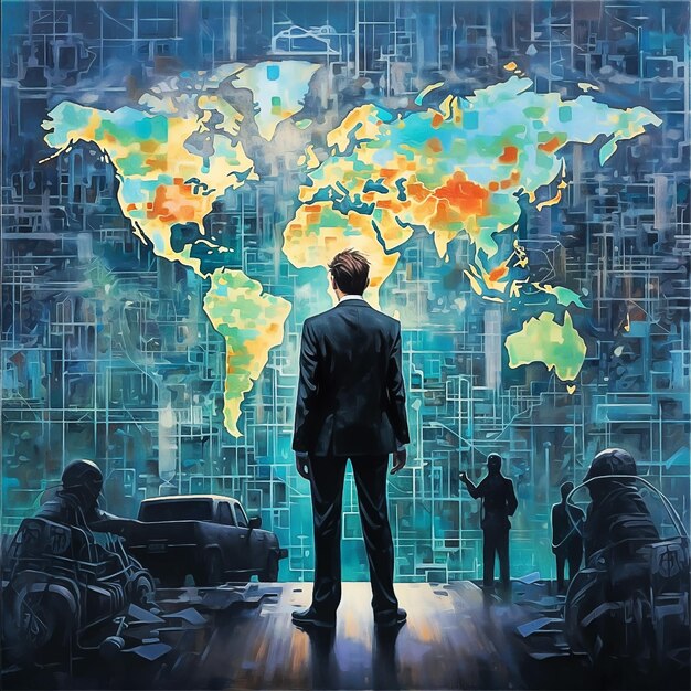 A painting of a man looking at a map of the world