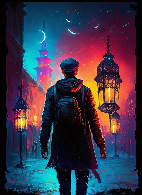 A painting of man looking at the mosque and moon in ramadan kareem with lantern Generative with ai