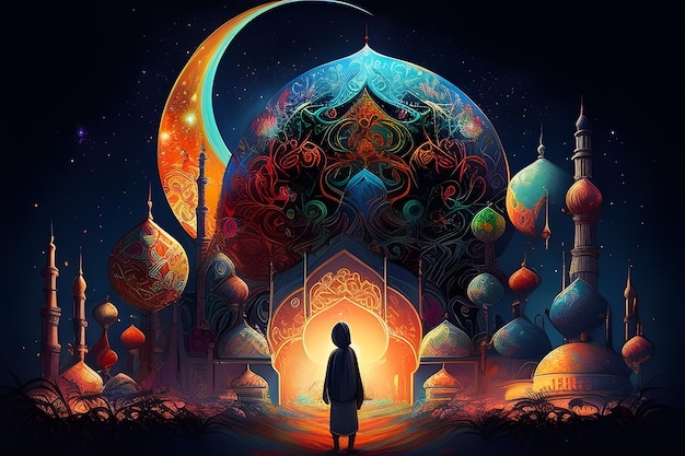 A painting of a man looking at a mosque with a moon in the background.