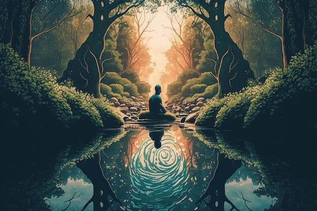 A painting of a man meditating in the forest.