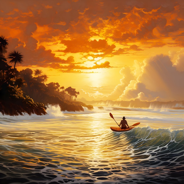 Painting of a man paddling a kayak on a wave in the ocean Generative AI