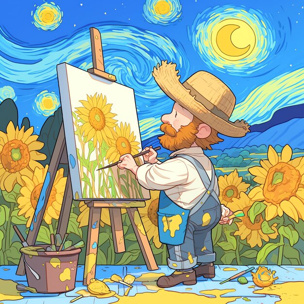 Foto un dipinto di un uomo che dipinge con girasoli sullo sfondo