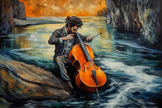 A painting of a man playing a cello in a river.