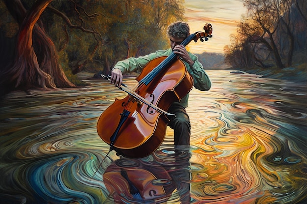 Photo a painting of a man playing a cello in a river.