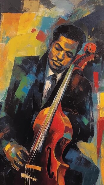 a painting of a man playing a cello