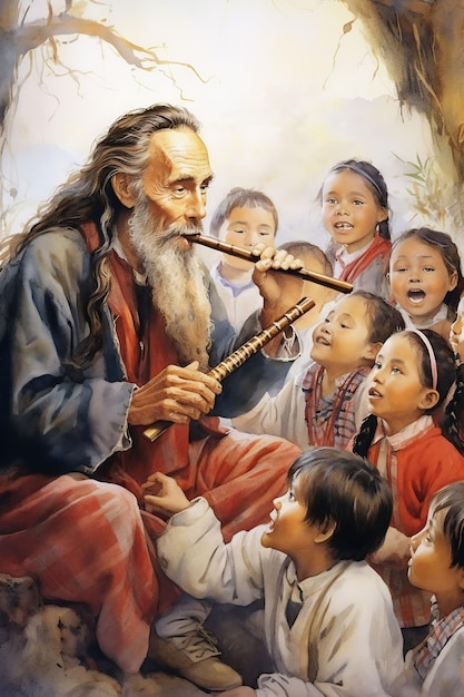 a painting of a man playing a flute with children