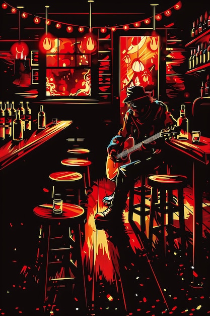 Photo a painting of a man playing guitar in a bar