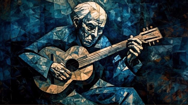 Foto dipinto di un uomo che suona la chitarra in un abito blu generativo ai