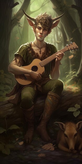 Photo a painting of a man playing a guitar in a forest