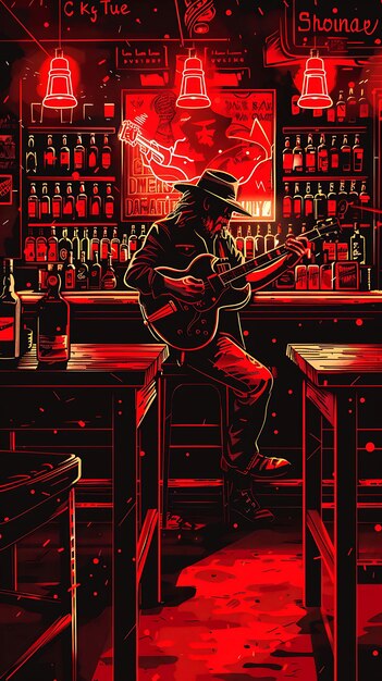 Photo a painting of a man playing a guitar in front of a bar