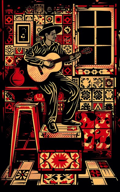 Photo a painting of a man playing a guitar on a stool