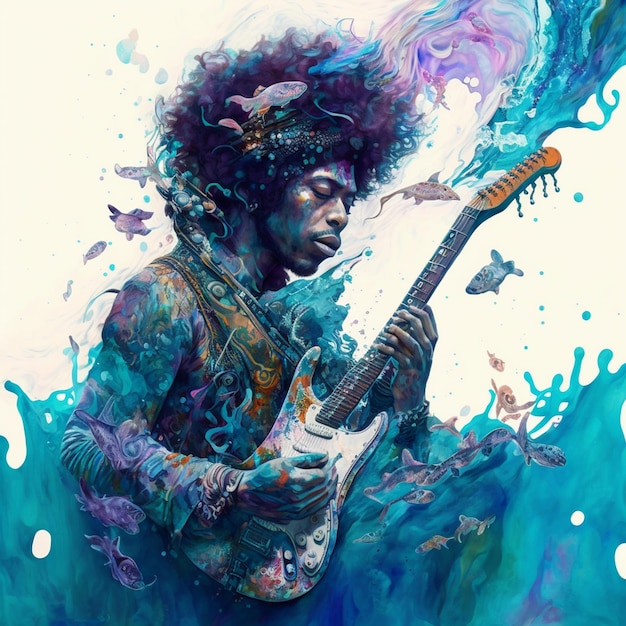 A painting of a man playing a guitar with a blue background and the words hard rock on the bottom