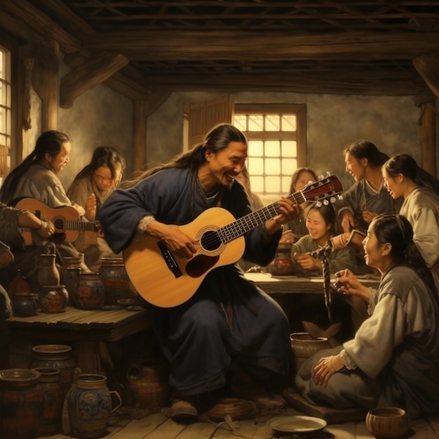 a painting of a man playing a guitar with other people in the background.