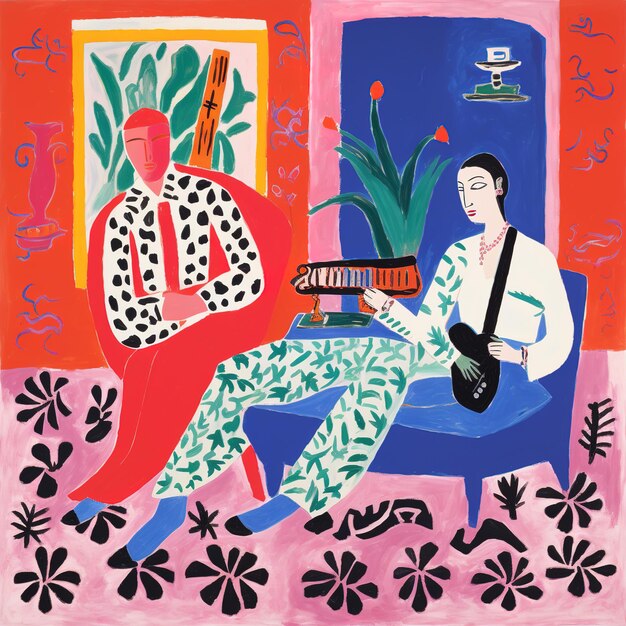 Photo a painting of a man playing a guitar and a woman playing a keyboard