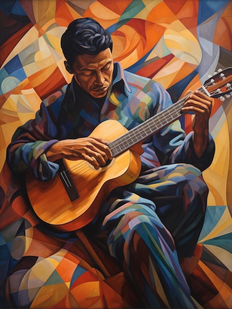 A painting of a man playing a guitar