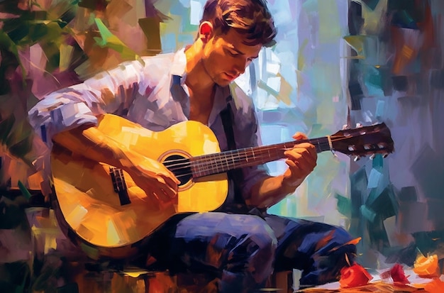 A painting of a man playing a guitar