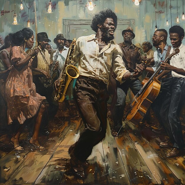 Photo a painting of a man playing a violin with a group of people in the background