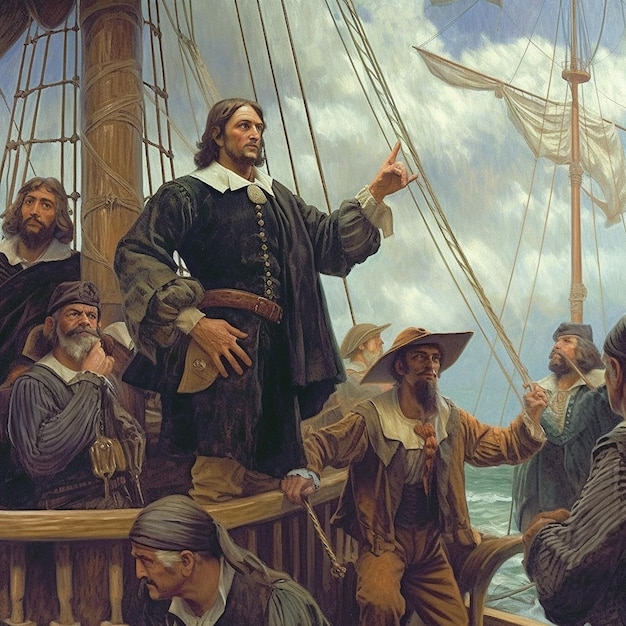 a painting of a man pointing at a ship with a flag on it.