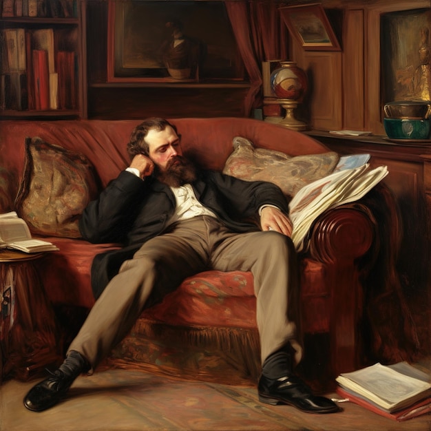 A painting of a man reading a book on a couch.