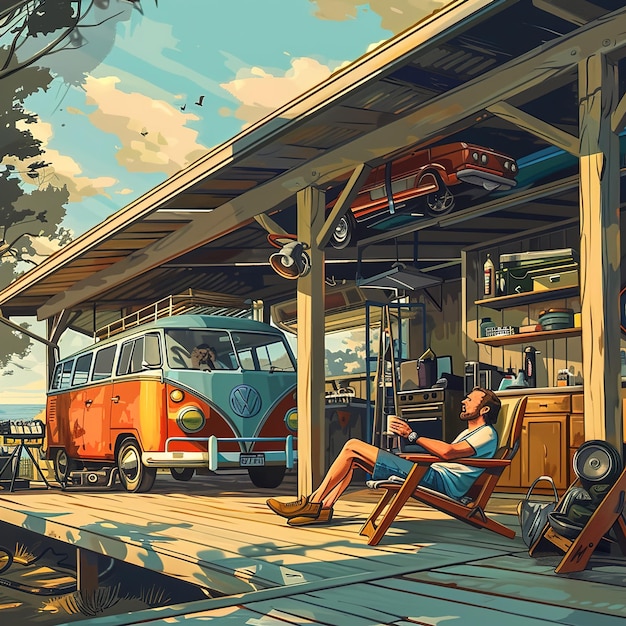 a painting of a man reading a book in front of a van