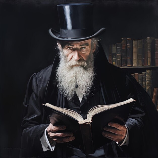 a painting of a man reading a book with a long white beard