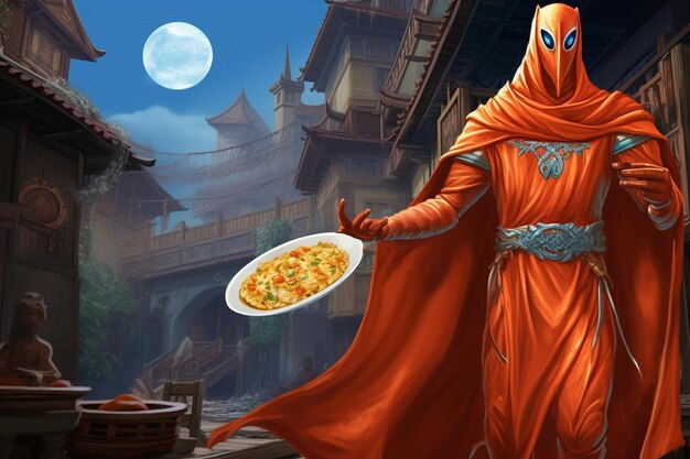 Photo a painting of a man in a red robe holding a plate of food