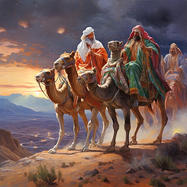 Photo a painting of a man riding a camel with mountains in the background