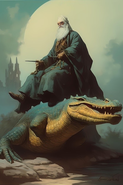 A painting of a man riding a crocodile with a dragon on it.