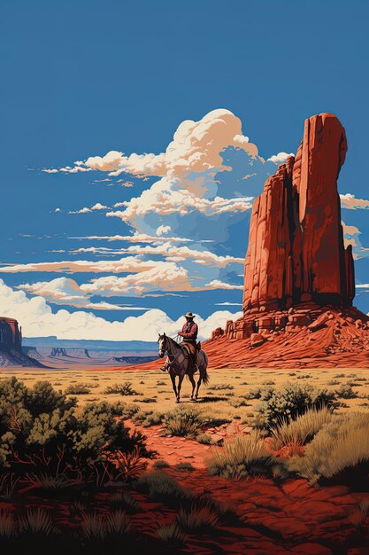 a painting of a man riding a horse in the desert