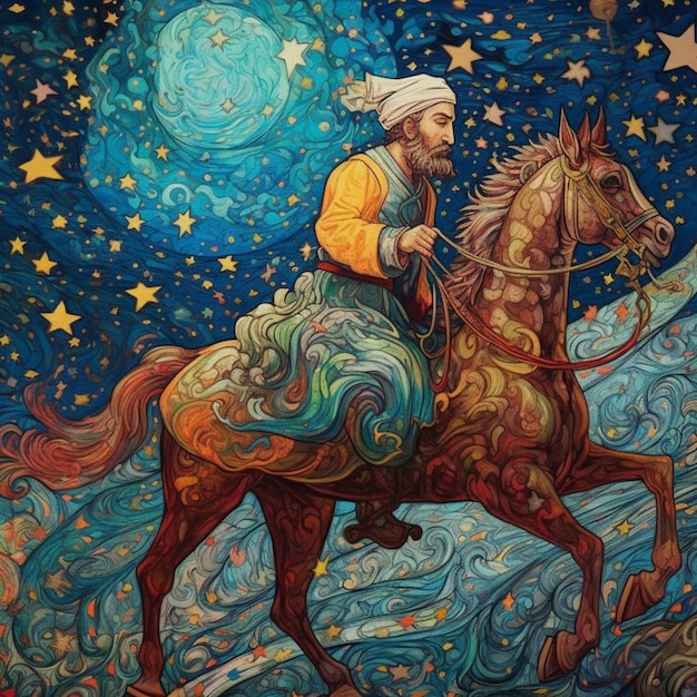 A painting of a man riding a horse with a blue sky and stars on it.