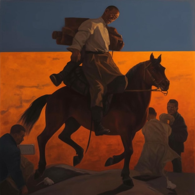 男性が乗っている馬に乗っている男性の絵画