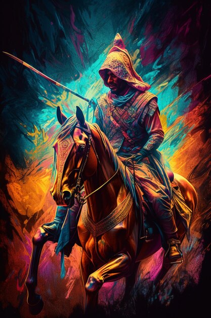 Painting of a man riding a horse with a sword in his hand generative ai