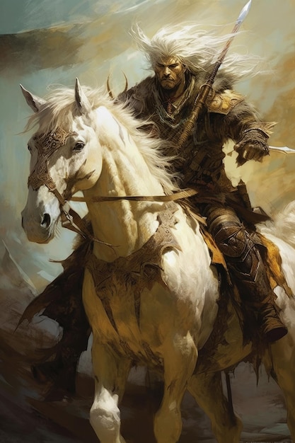 A painting of a man riding a horse with a sword on it.