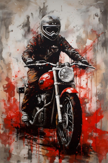 Photo a painting of a man riding a motorcycle with a helmet on.