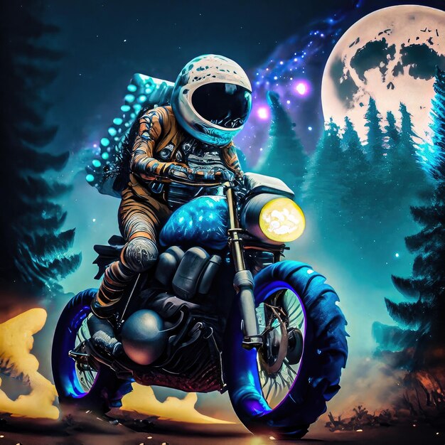 Photo a painting of a man riding a motorcycle with a moon in the background.