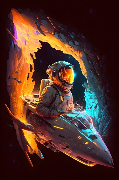 A painting of a man riding a spaceship with a blue and orange light on the bottom.