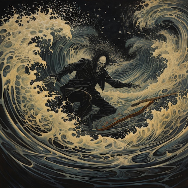 painting of a man riding a wave on a surfboard generative ai